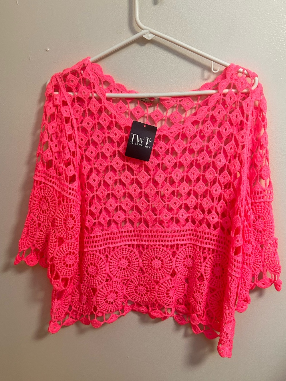 NWT Hot Pink Crochet Open Knit Top Cover Up Beach Summer Festive Boho Hippie OS - Picture 3 of 7